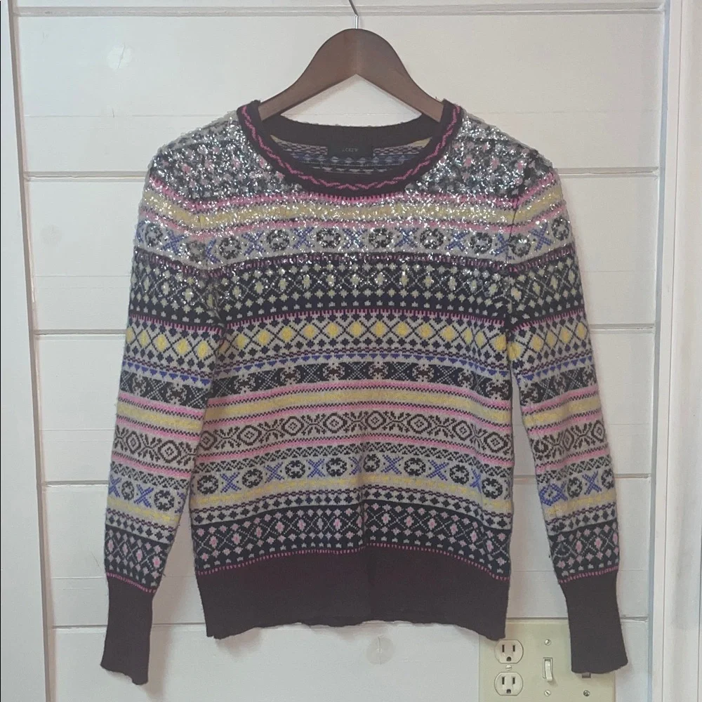 J. Crew Lambs Wool Sequin Fair Isle Sweater Size XSP